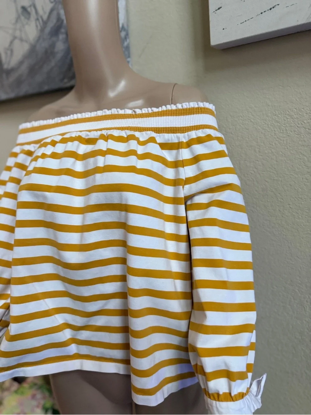 J. Crew Yellow and White Striped Off-Shoulder Top size large